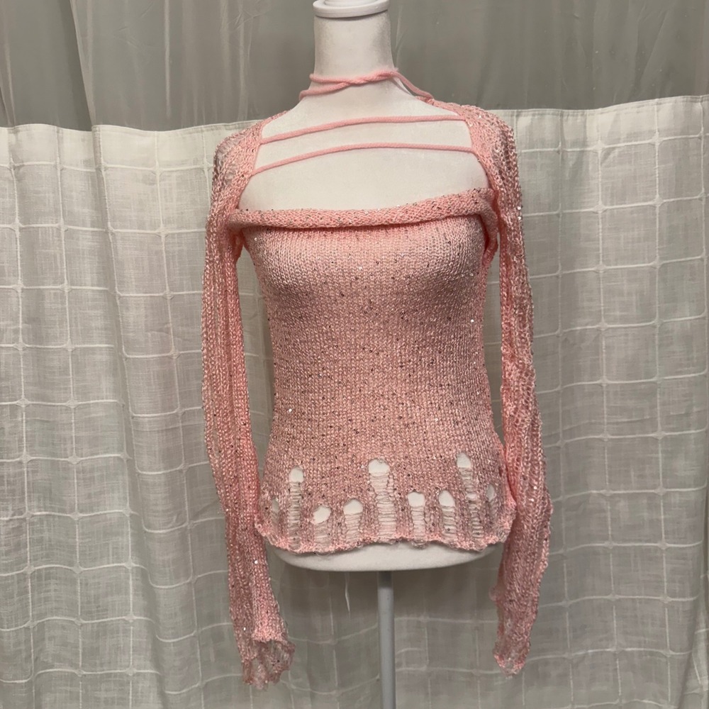 Hand Corchet Pink Sequin Knit Tube Top and Shrug Set  Fairycore Coquette